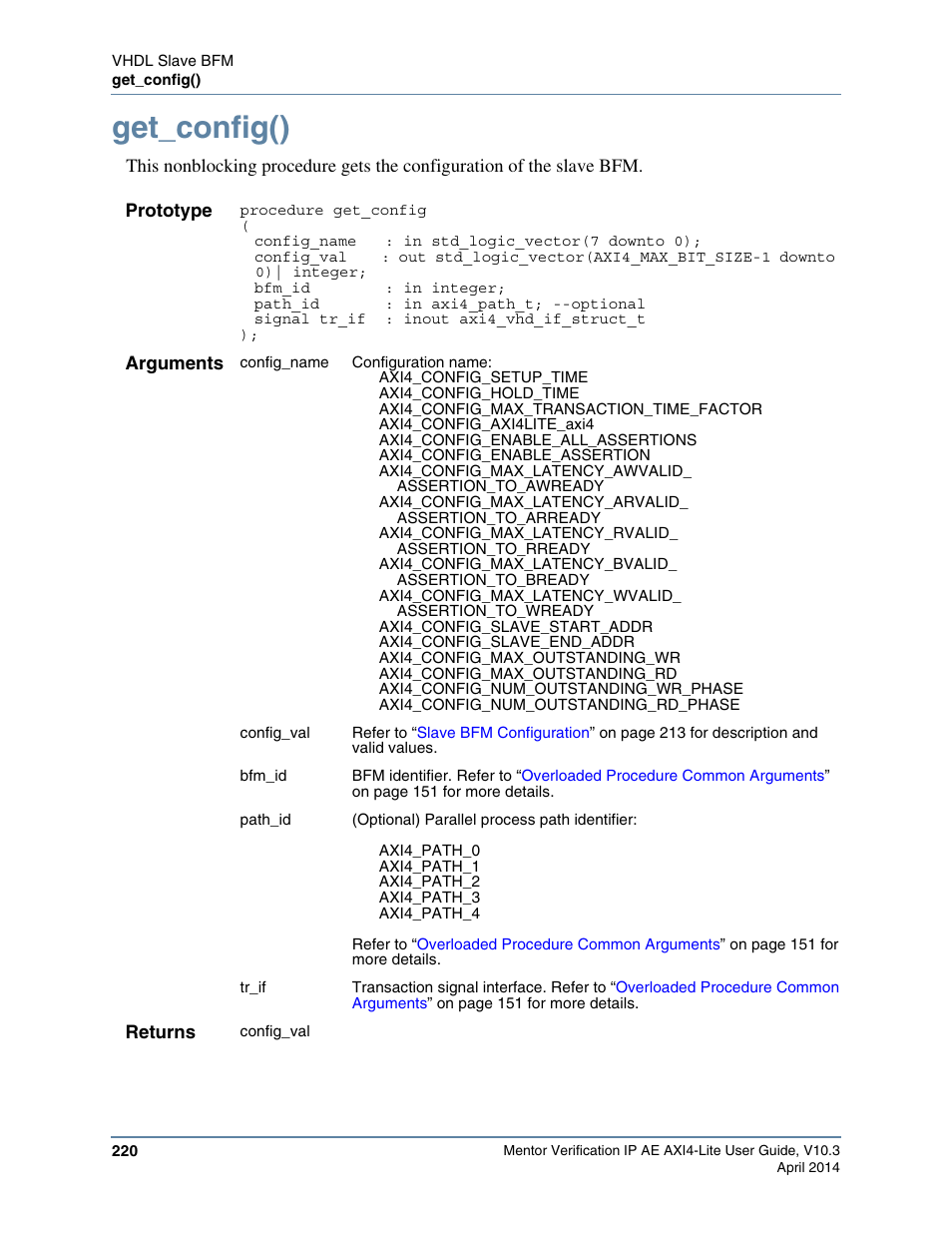 Get_config(), Field via the, Procedures | Altera Mentor Verification IP Altera Edition AMBA AXI4-Lite User Manual | Page 220 / 413