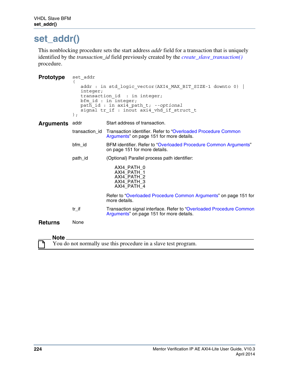 Set_addr() | Altera Mentor Verification IP Altera Edition AMBA AXI4-Lite User Manual | Page 224 / 413
