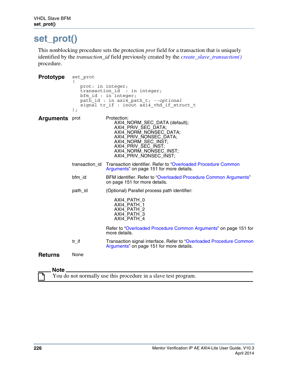 Set_prot() | Altera Mentor Verification IP Altera Edition AMBA AXI4-Lite User Manual | Page 226 / 413