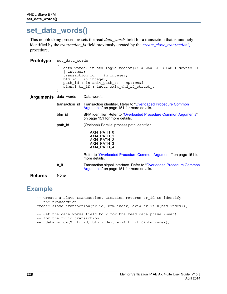 Set_data_words(), Example | Altera Mentor Verification IP Altera Edition AMBA AXI4-Lite User Manual | Page 228 / 413