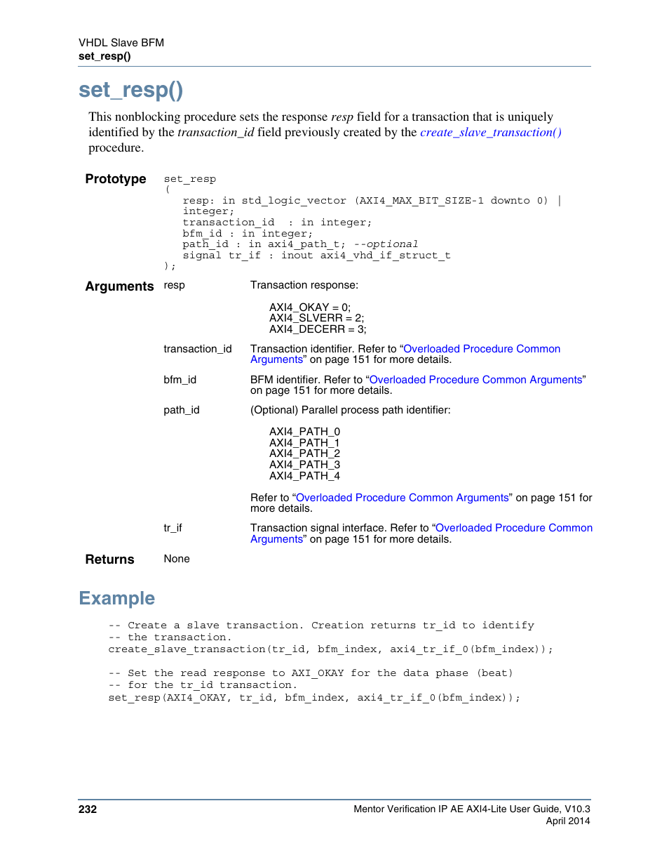 Set_resp(), Example | Altera Mentor Verification IP Altera Edition AMBA AXI4-Lite User Manual | Page 232 / 413