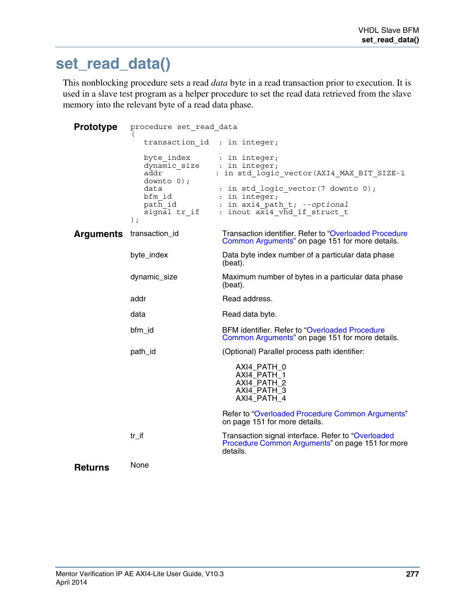 Set_read_data() | Altera Mentor Verification IP Altera Edition AMBA AXI4-Lite User Manual | Page 277 / 413