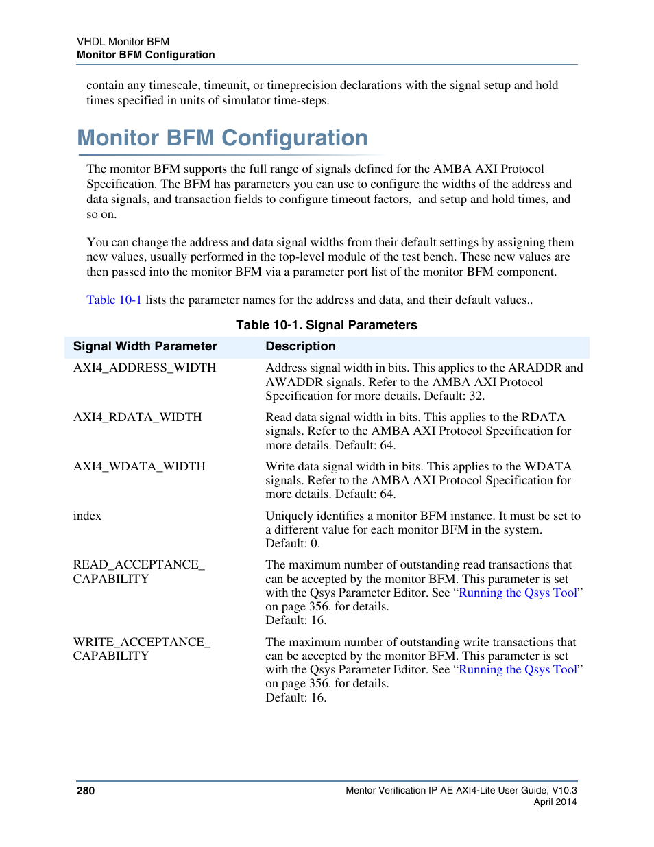 Monitor bfm configuration, Table 10-1. signal parameters | Altera Mentor Verification IP Altera Edition AMBA AXI4-Lite User Manual | Page 280 / 413