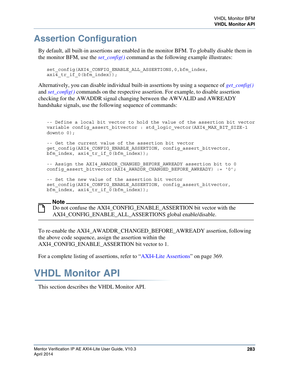 Assertion configuration, Vhdl monitor api | Altera Mentor Verification IP Altera Edition AMBA AXI4-Lite User Manual | Page 283 / 413