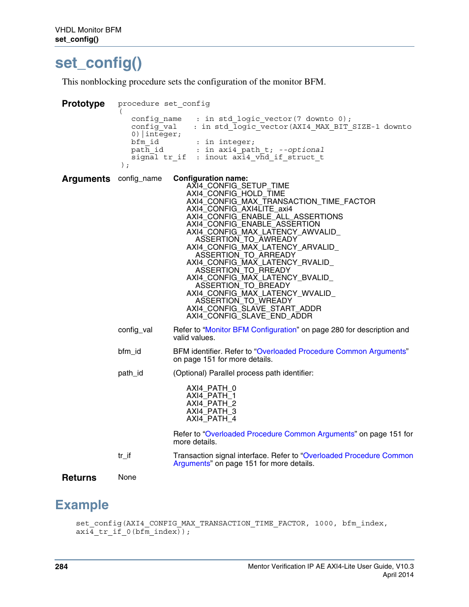 Set_config(), Example, Fields that you can set via the | Function to, Command as the following example illustrates | Altera Mentor Verification IP Altera Edition AMBA AXI4-Lite User Manual | Page 284 / 413