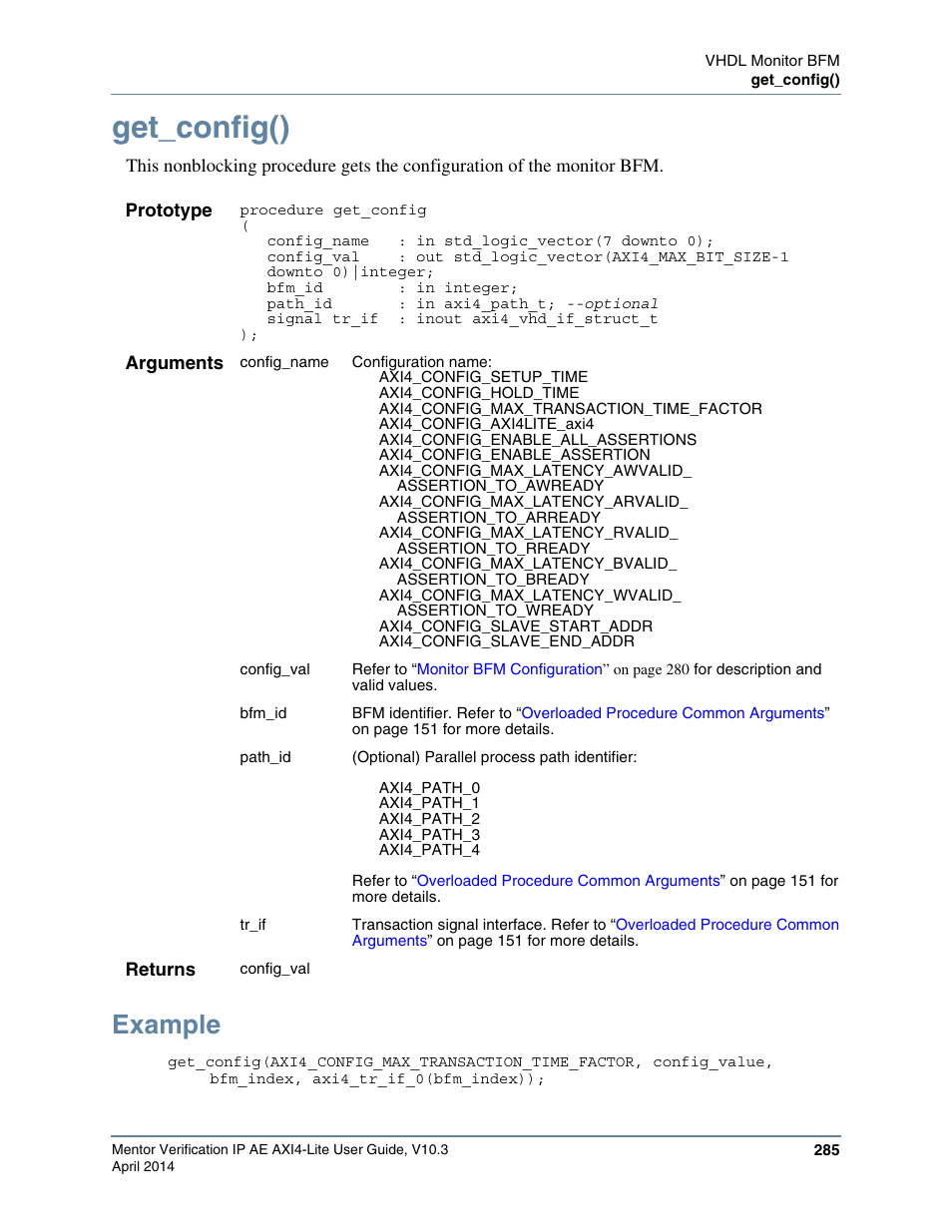 Get_config(), Example, Via the | Function. the full li | Altera Mentor Verification IP Altera Edition AMBA AXI4-Lite User Manual | Page 285 / 413