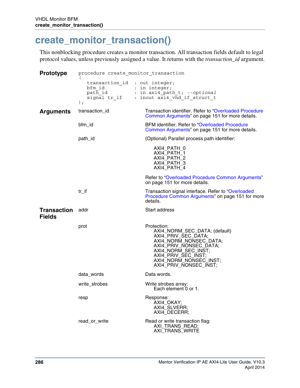 Create_monitor_transaction(), Slave transaction record. refer to the, Bfm api procedure, and a | Altera Mentor Verification IP Altera Edition AMBA AXI4-Lite User Manual | Page 286 / 413