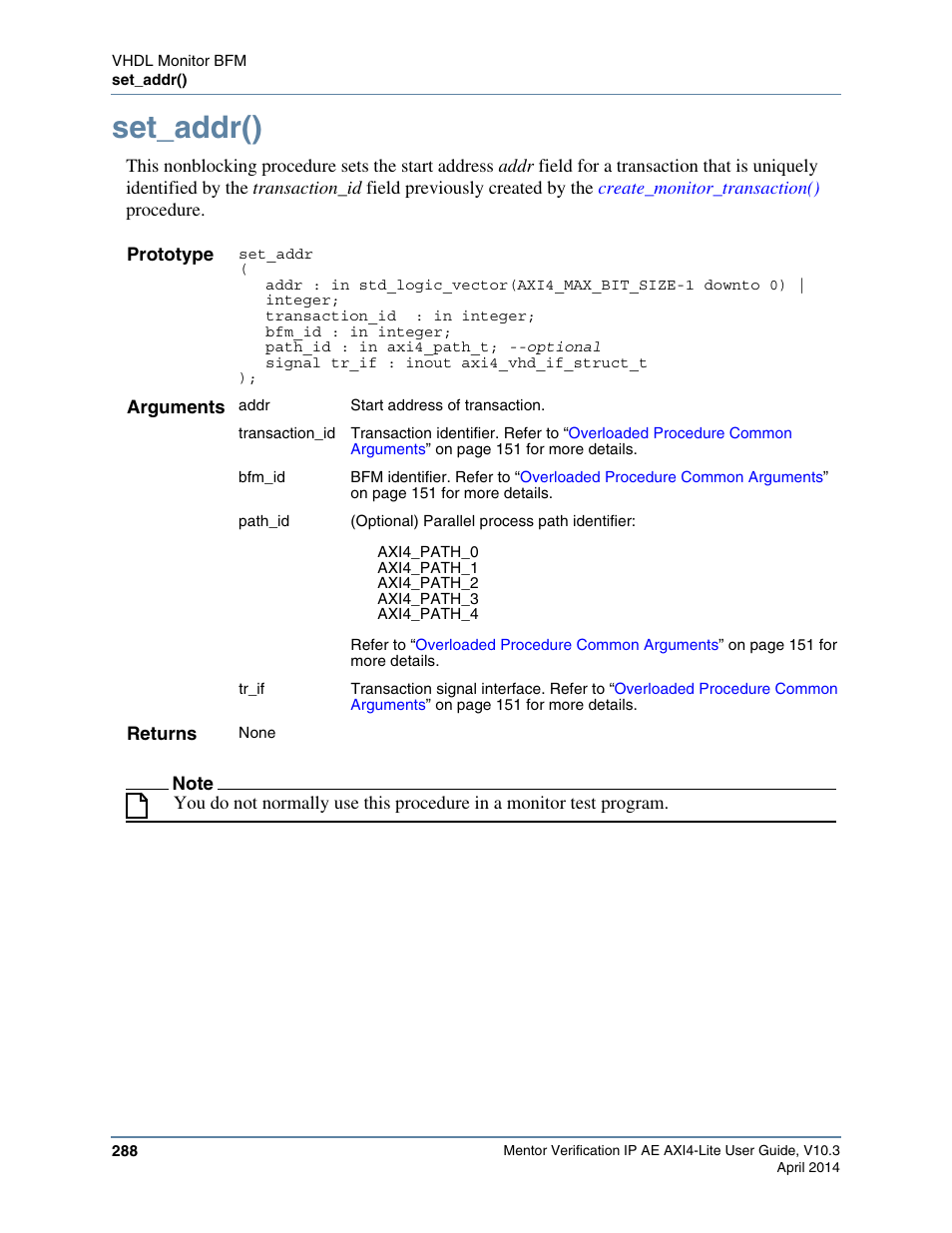 Set_addr() | Altera Mentor Verification IP Altera Edition AMBA AXI4-Lite User Manual | Page 288 / 413