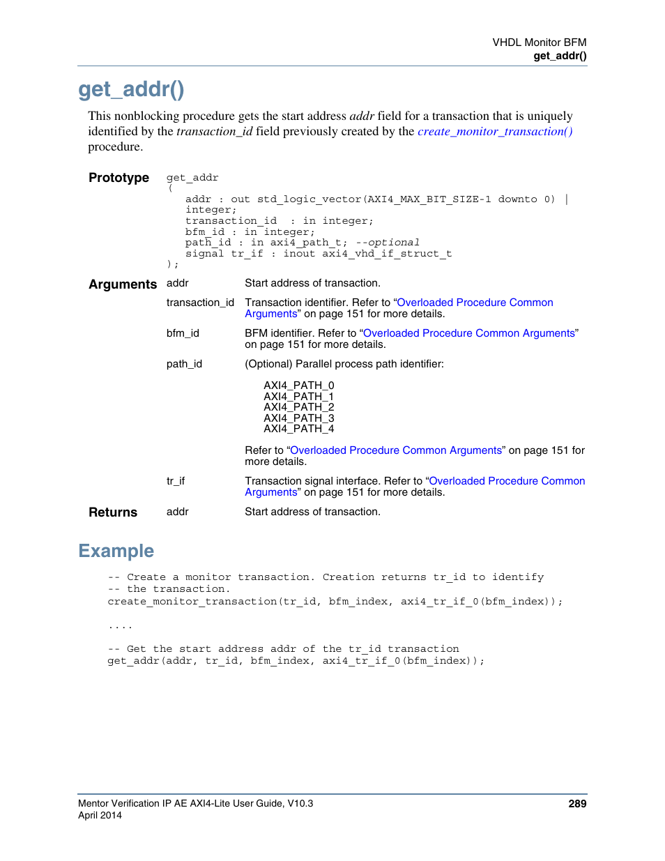 Get_addr(), Example | Altera Mentor Verification IP Altera Edition AMBA AXI4-Lite User Manual | Page 289 / 413