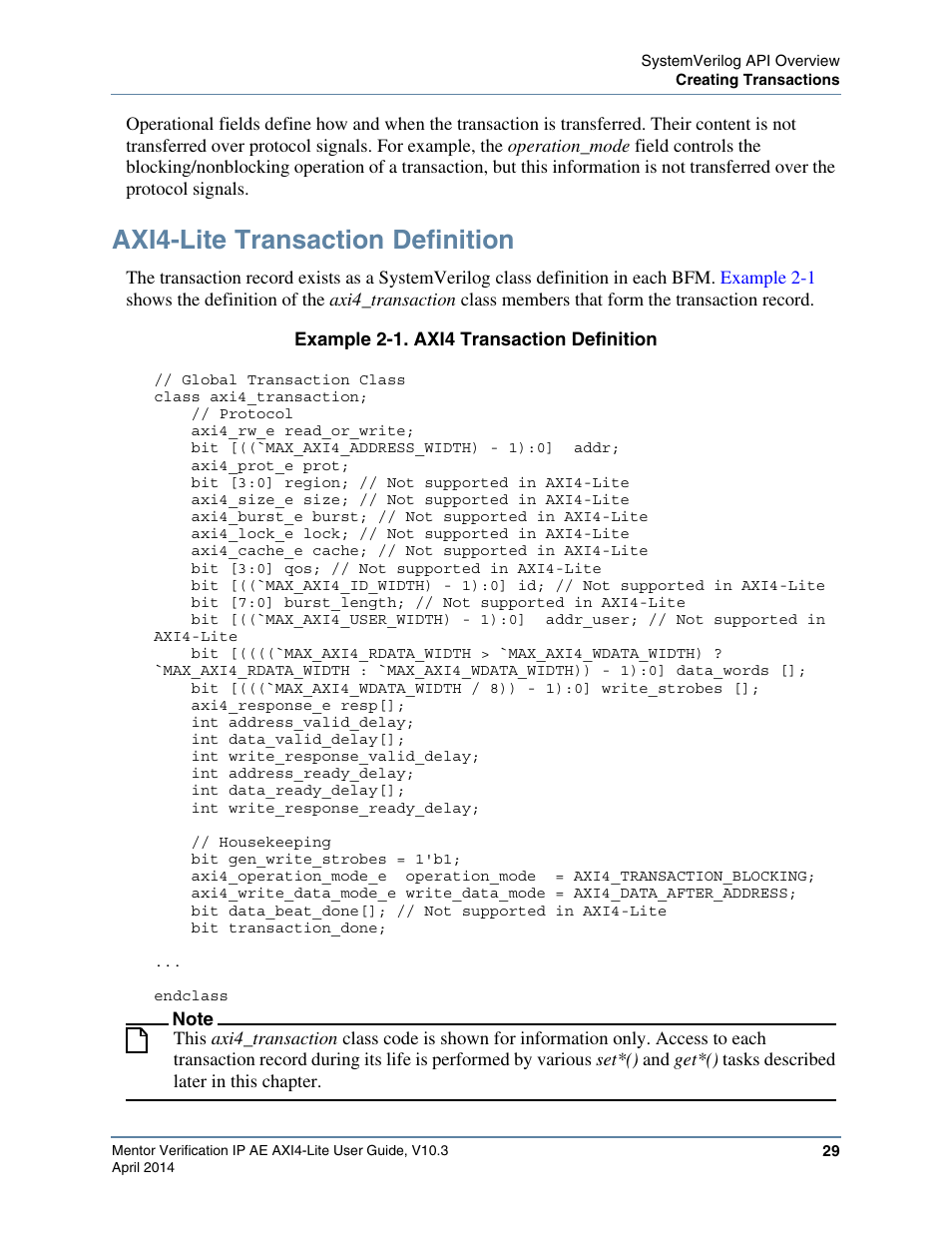 Axi4-lite transaction definition, Example 2-1. axi4 transaction definition | Altera Mentor Verification IP Altera Edition AMBA AXI4-Lite User Manual | Page 29 / 413