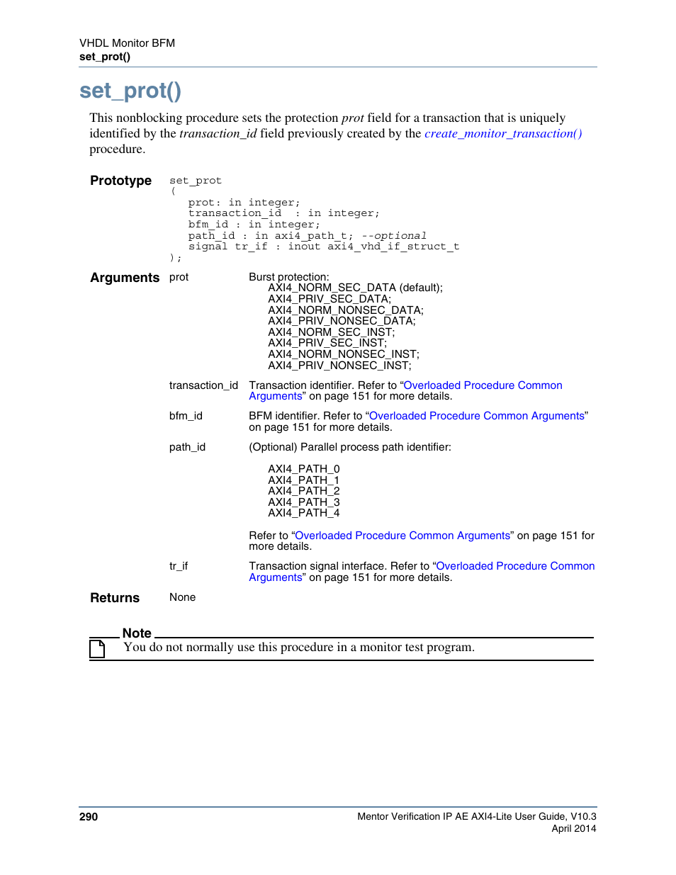 Set_prot() | Altera Mentor Verification IP Altera Edition AMBA AXI4-Lite User Manual | Page 290 / 413