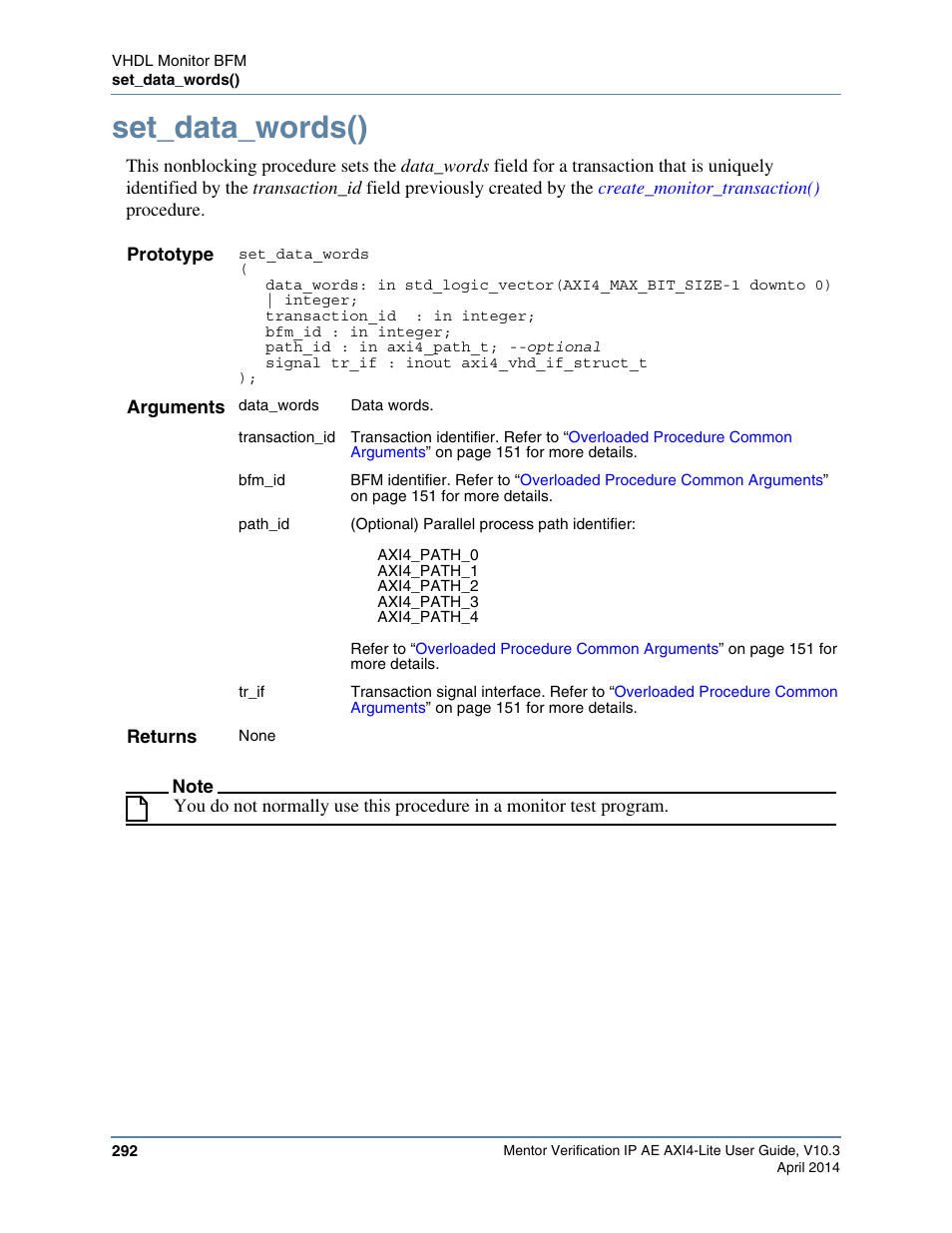 Set_data_words() | Altera Mentor Verification IP Altera Edition AMBA AXI4-Lite User Manual | Page 292 / 413
