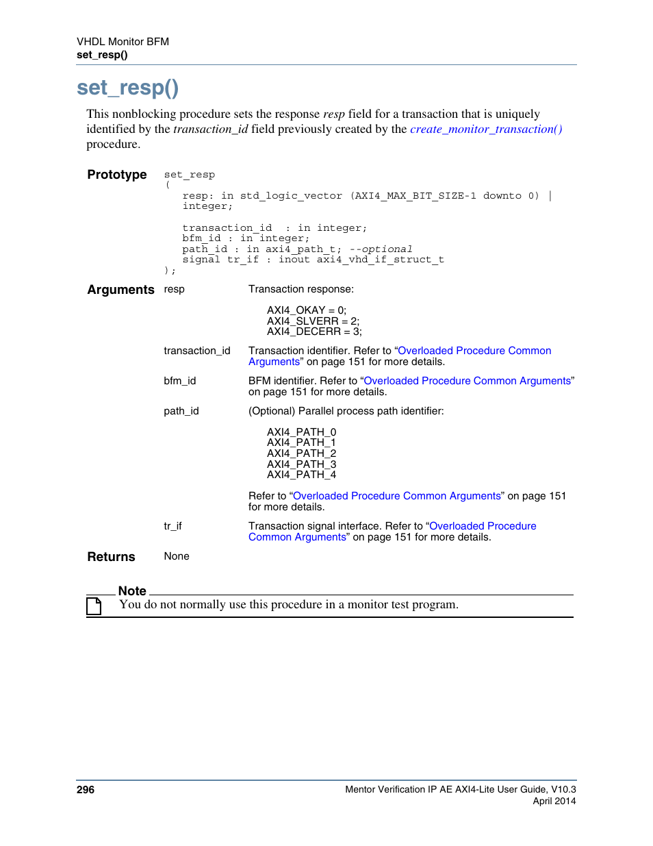 Set_resp() | Altera Mentor Verification IP Altera Edition AMBA AXI4-Lite User Manual | Page 296 / 413