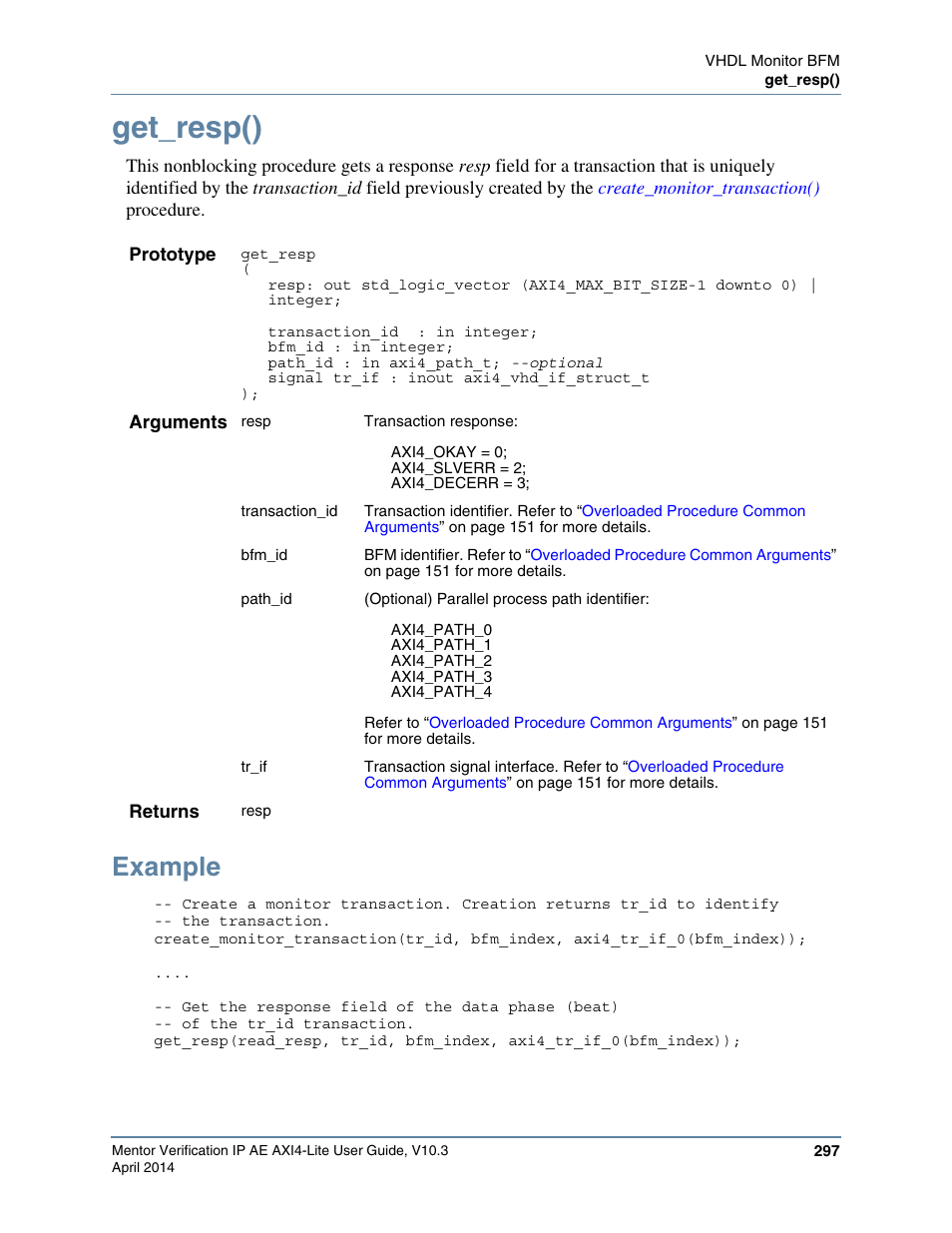 Get_resp(), Example | Altera Mentor Verification IP Altera Edition AMBA AXI4-Lite User Manual | Page 297 / 413