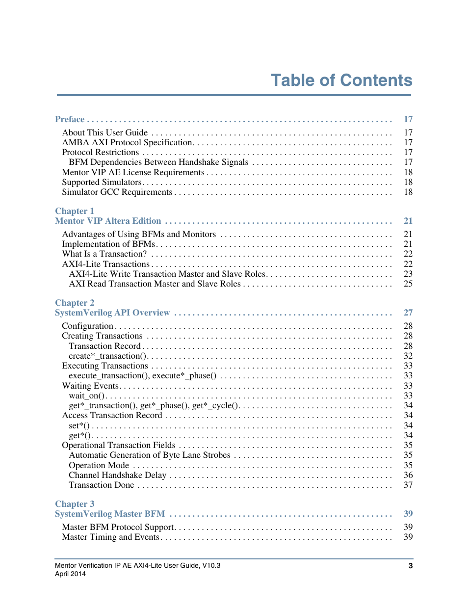 Altera Mentor Verification IP Altera Edition AMBA AXI4-Lite User Manual | Page 3 / 413