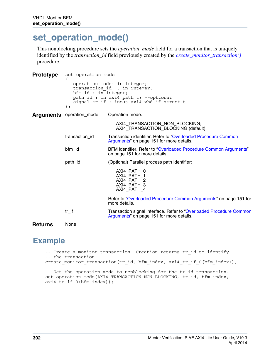 Set_operation_mode(), Example | Altera Mentor Verification IP Altera Edition AMBA AXI4-Lite User Manual | Page 302 / 413