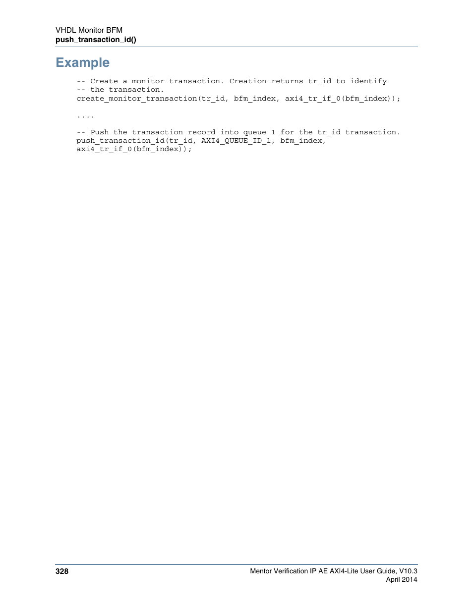 Example | Altera Mentor Verification IP Altera Edition AMBA AXI4-Lite User Manual | Page 328 / 413