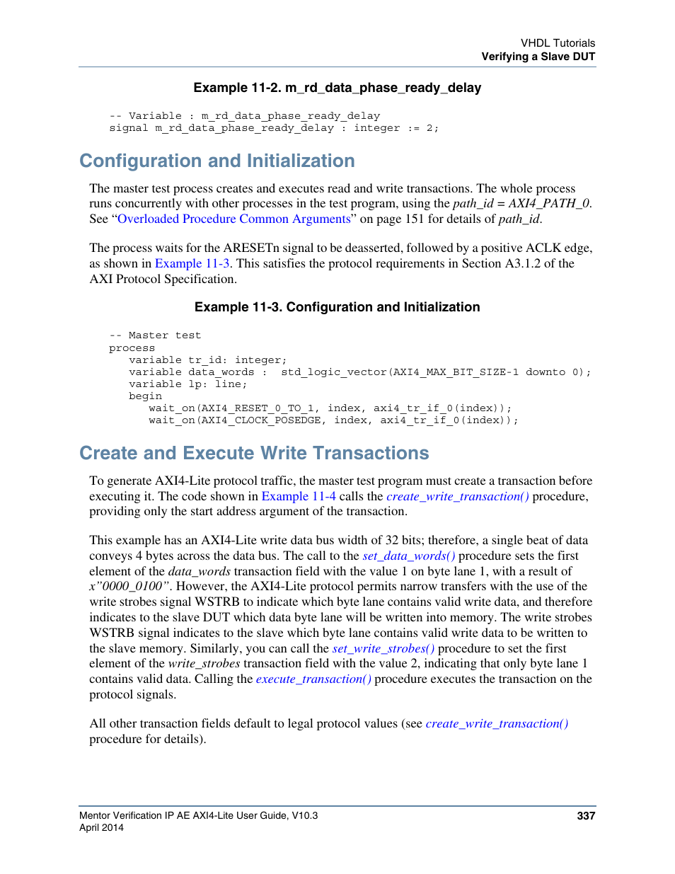 Configuration and initialization, Create and execute write transactions, Example 11-2 | Below shows the rready signal delaye | Altera Mentor Verification IP Altera Edition AMBA AXI4-Lite User Manual | Page 337 / 413