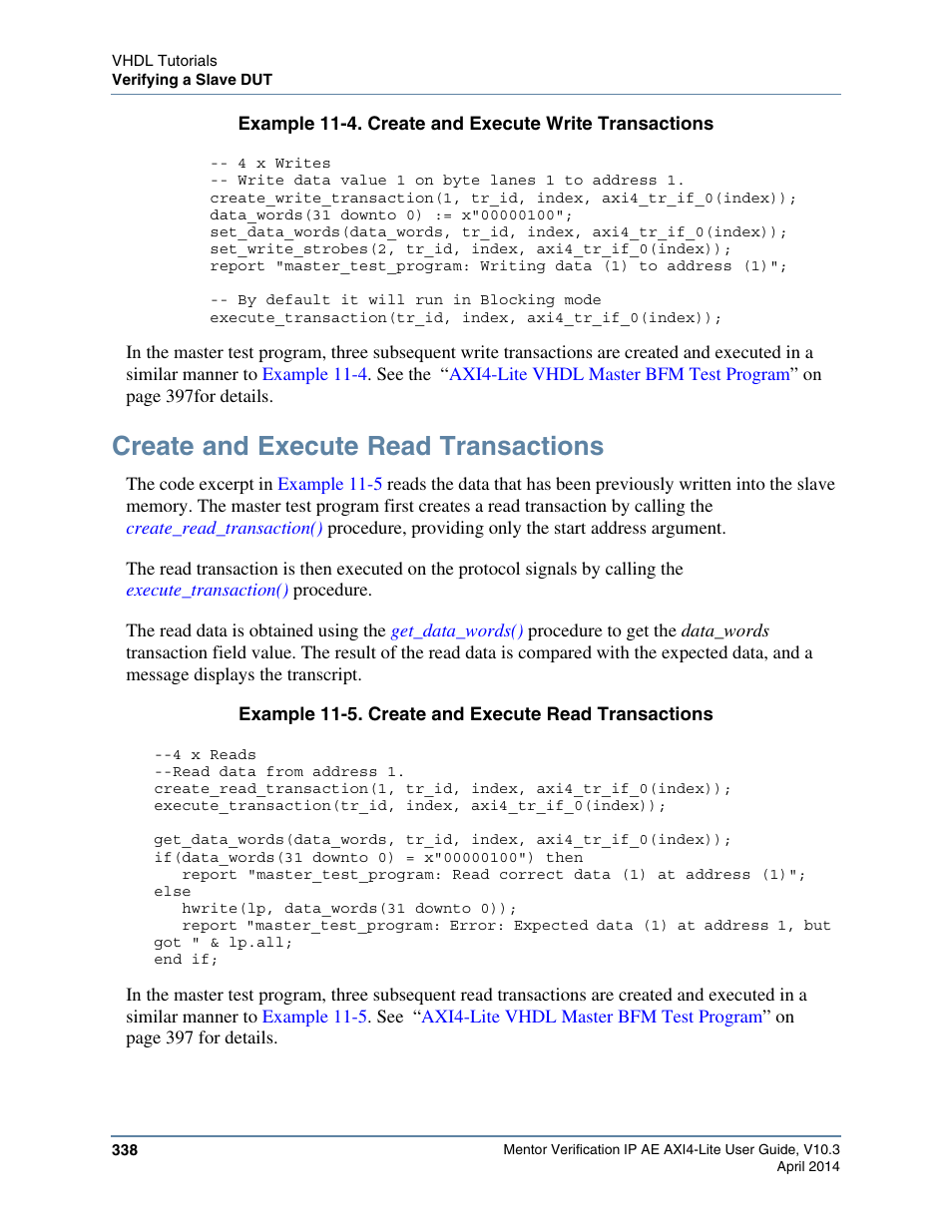 Create and execute read transactions, Example 11-4 | Altera Mentor Verification IP Altera Edition AMBA AXI4-Lite User Manual | Page 338 / 413