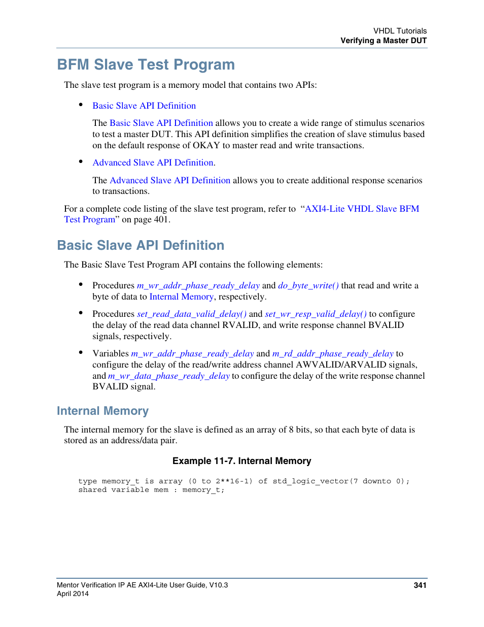 Bfm slave test program, Basic slave api definition, Internal memory | Example 11-7. internal memory | Altera Mentor Verification IP Altera Edition AMBA AXI4-Lite User Manual | Page 341 / 413