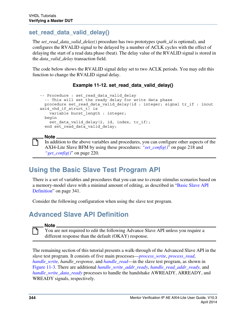 Set_read_data_valid_delay(), Using the basic slave test program api, Advanced slave api definition | Example 11-12. set_read_data_valid_delay(), Fer to, Advanced slave api, Definition, Cedures | Altera Mentor Verification IP Altera Edition AMBA AXI4-Lite User Manual | Page 344 / 413