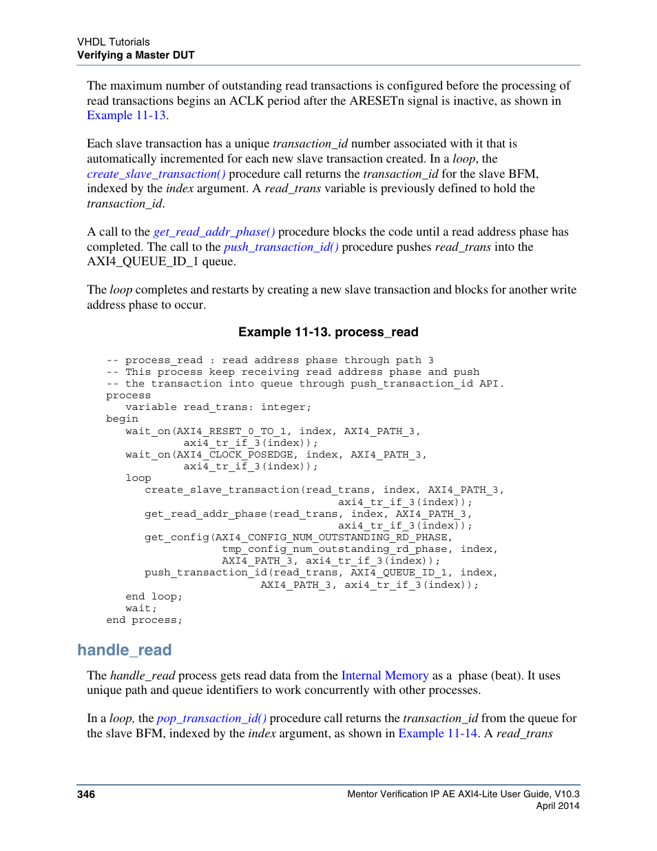 Handle_read, Example 11-13. process_read, In the slave test program, as shown in | Altera Mentor Verification IP Altera Edition AMBA AXI4-Lite User Manual | Page 346 / 413