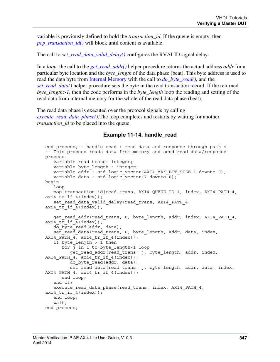 Example 11-14. handle_read, Example 11-14 | Altera Mentor Verification IP Altera Edition AMBA AXI4-Lite User Manual | Page 347 / 413