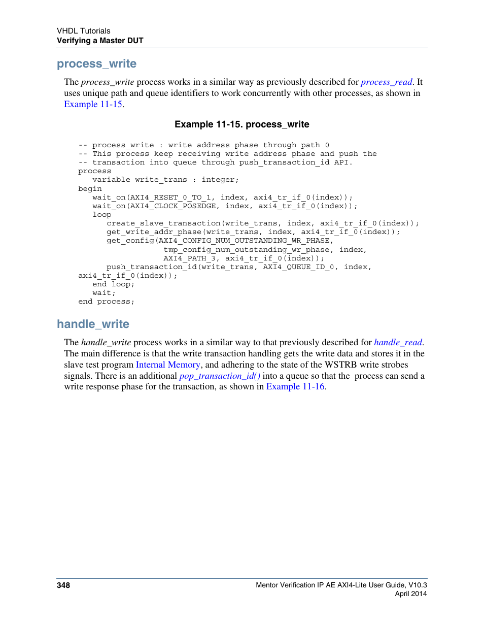 Process_write, Handle_write, Example 11-15. process_write | Ts of five main processes | Altera Mentor Verification IP Altera Edition AMBA AXI4-Lite User Manual | Page 348 / 413