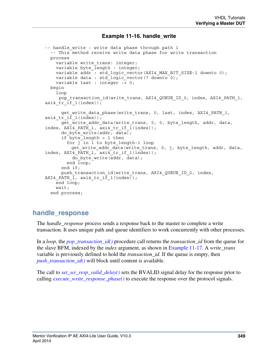 Handle_response, Example 11-16. handle_write, Example 11-16 | Altera Mentor Verification IP Altera Edition AMBA AXI4-Lite User Manual | Page 349 / 413