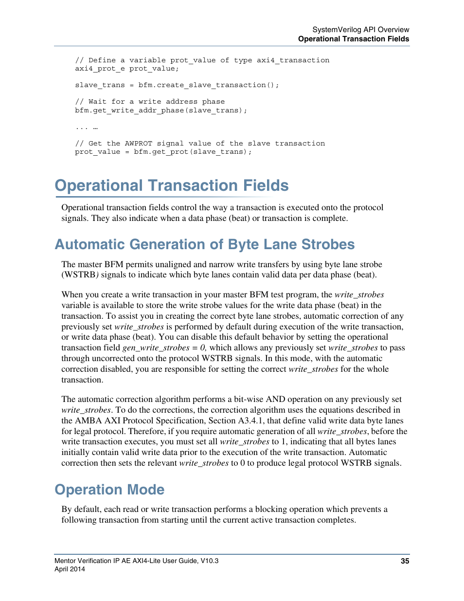 Operational transaction fields, Automatic generation of byte lane strobes, Operation mode | Refer to, Automatic, Generation of byte lane strobes, For deta | Altera Mentor Verification IP Altera Edition AMBA AXI4-Lite User Manual | Page 35 / 413