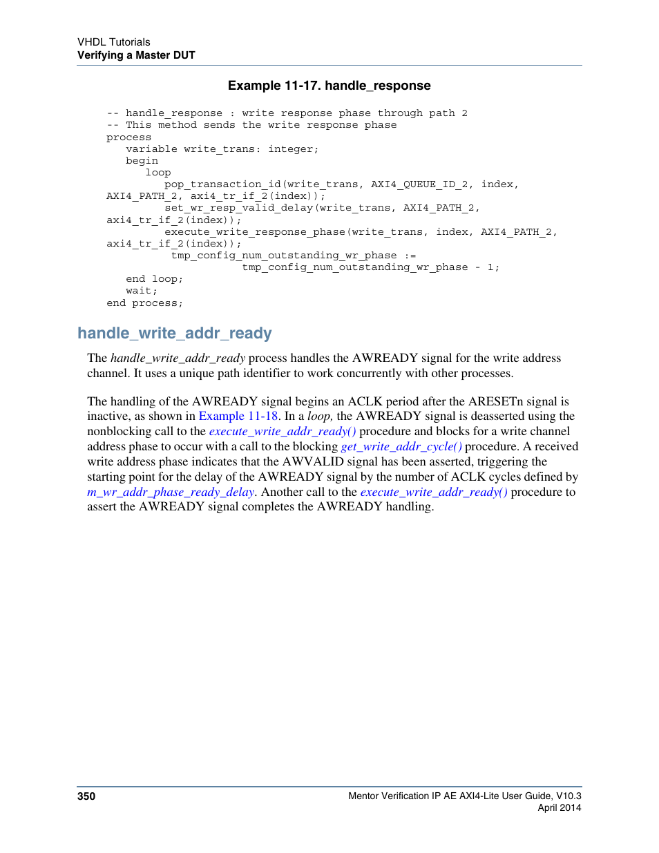 Handle_write_addr_ready, Example 11-17. handle_response, Example 11-17 | Altera Mentor Verification IP Altera Edition AMBA AXI4-Lite User Manual | Page 350 / 413