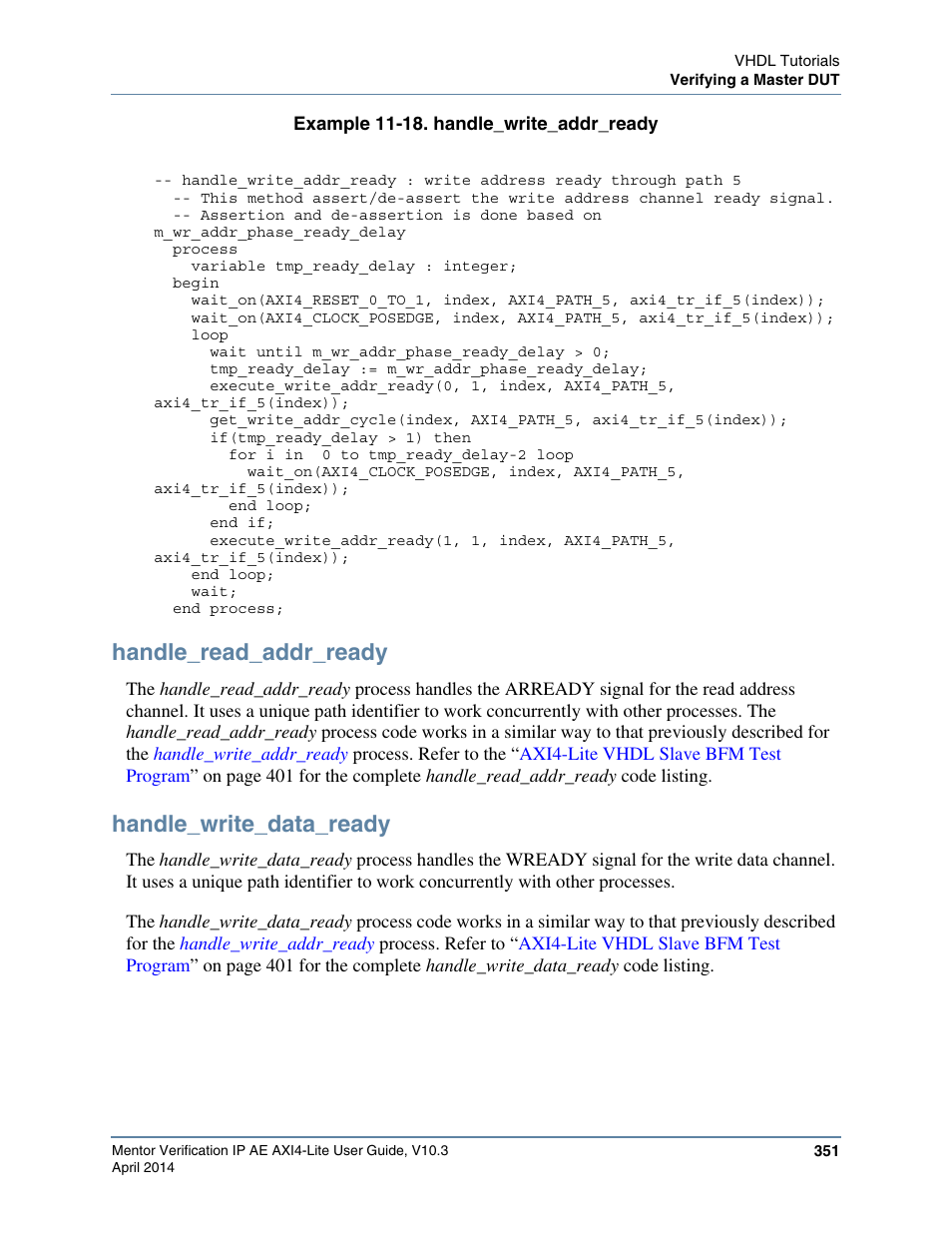 Handle_read_addr_ready, Handle_write_data_ready, Example 11-18. handle_write_addr_ready | Example 11-18, In a | Altera Mentor Verification IP Altera Edition AMBA AXI4-Lite User Manual | Page 351 / 413