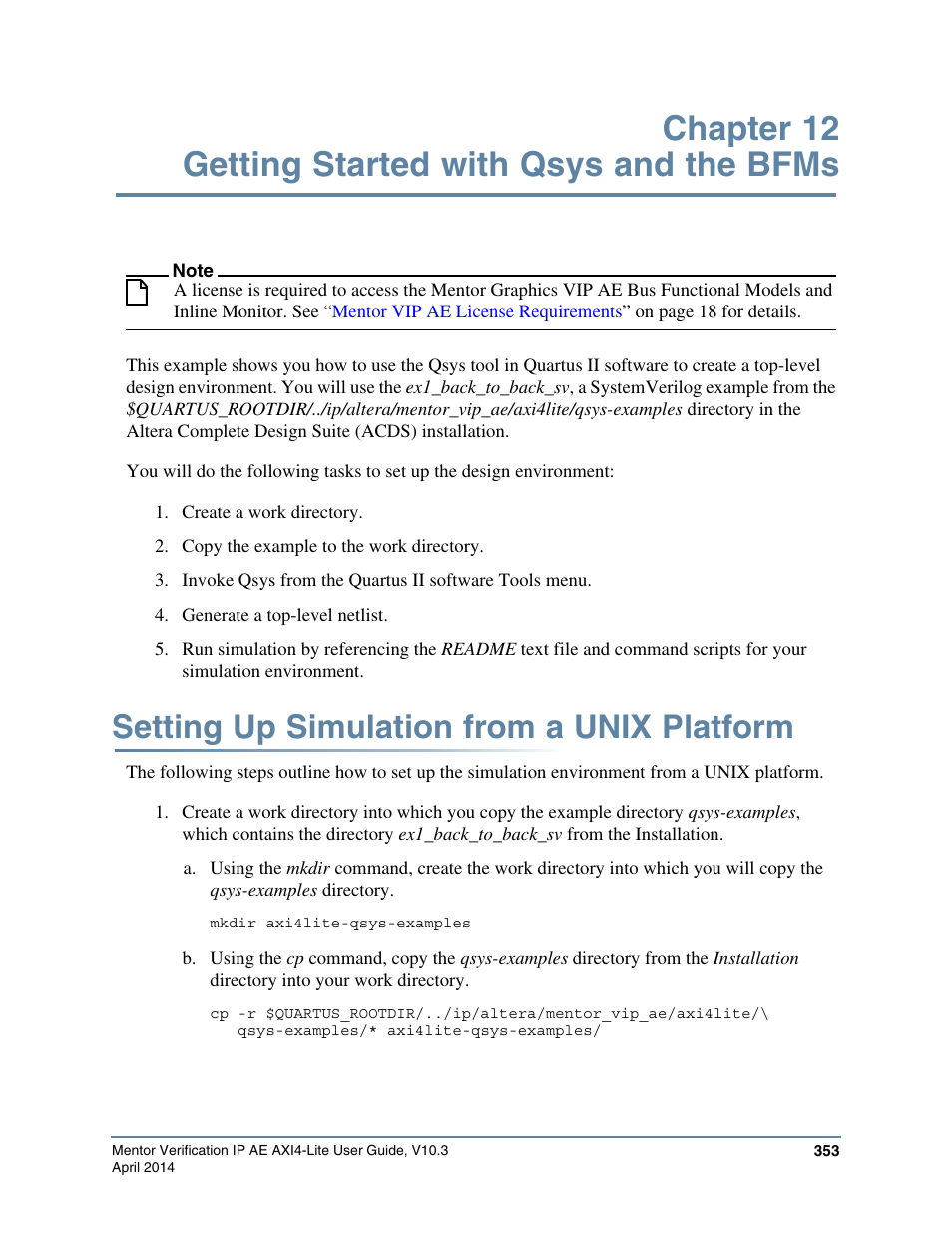 Chapter 12 getting started with qsys and the bfms, Setting up simulation from a unix platform, Fer to | Getting started, With qsys and the bfms | Altera Mentor Verification IP Altera Edition AMBA AXI4-Lite User Manual | Page 353 / 413