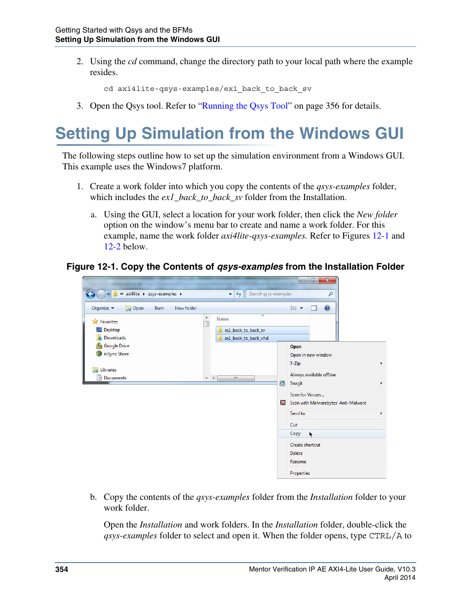 Setting up simulation from the windows gui, Figure 12-1. copy the contents of | Altera Mentor Verification IP Altera Edition AMBA AXI4-Lite User Manual | Page 354 / 413