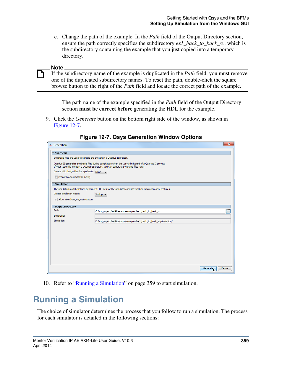 Running a simulation, Figure 12-7. qsys generation window options, Figure 12-7 | Altera Mentor Verification IP Altera Edition AMBA AXI4-Lite User Manual | Page 359 / 413