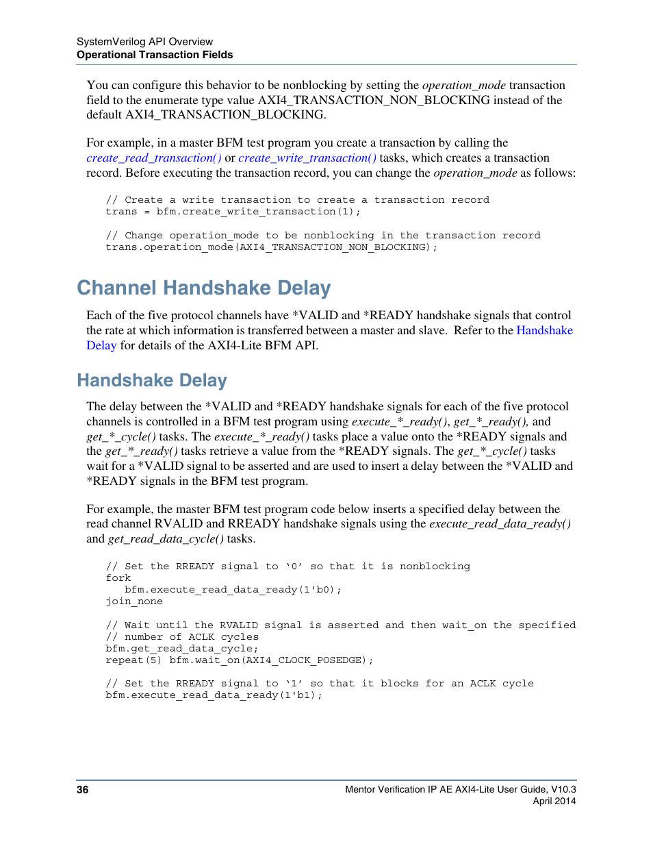 Channel handshake delay, Handshake delay | Altera Mentor Verification IP Altera Edition AMBA AXI4-Lite User Manual | Page 36 / 413