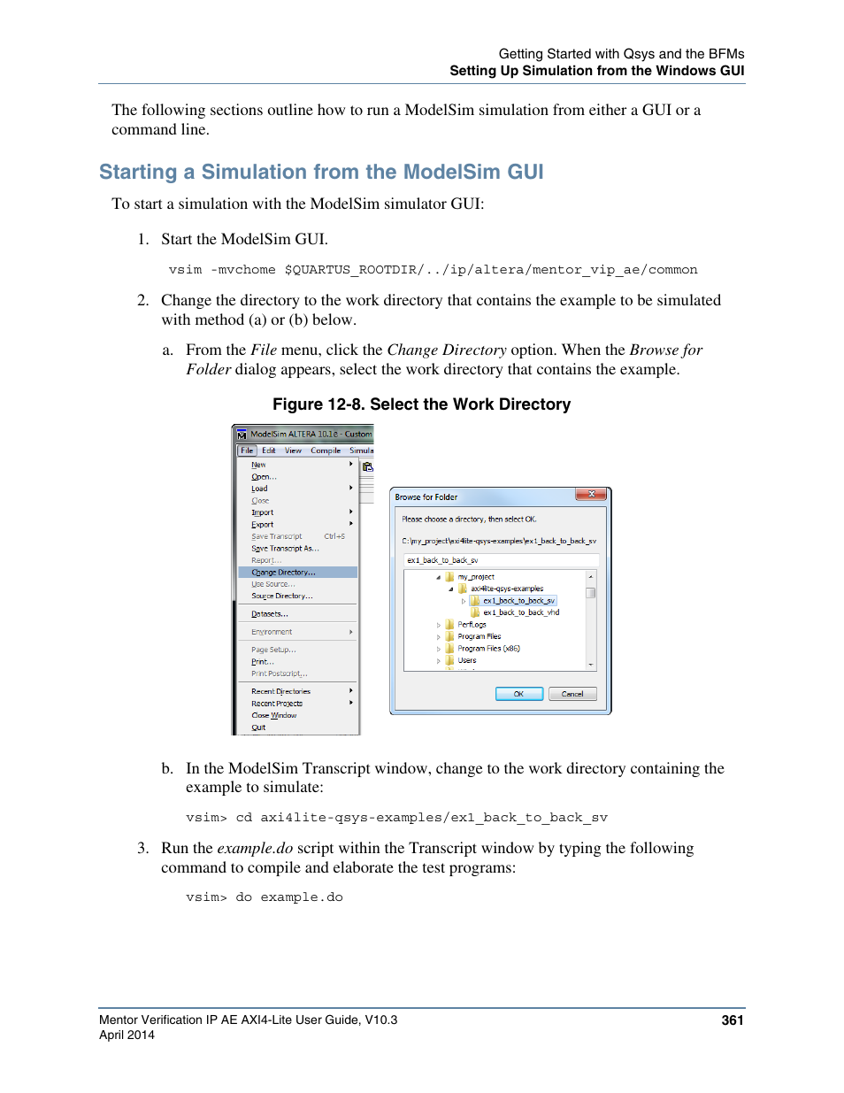 Starting a simulation from the modelsim gui, Figure 12-8. select the work directory | Altera Mentor Verification IP Altera Edition AMBA AXI4-Lite User Manual | Page 361 / 413