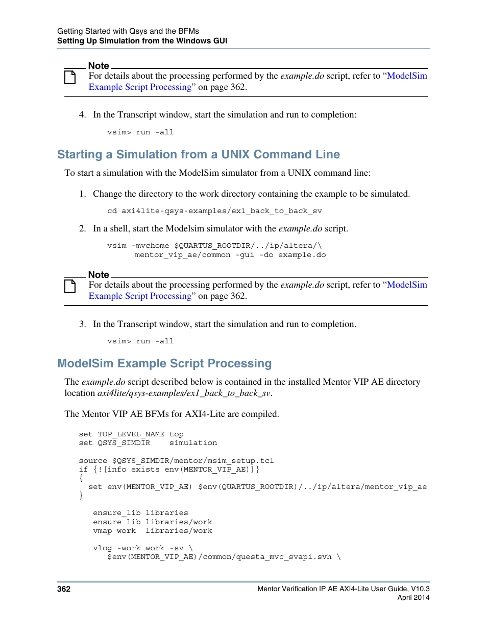 Starting a simulation from a unix command line, Modelsim example script processing, Option on the command line, refer to | Starting a, Simulation from a unix command line | Altera Mentor Verification IP Altera Edition AMBA AXI4-Lite User Manual | Page 362 / 413