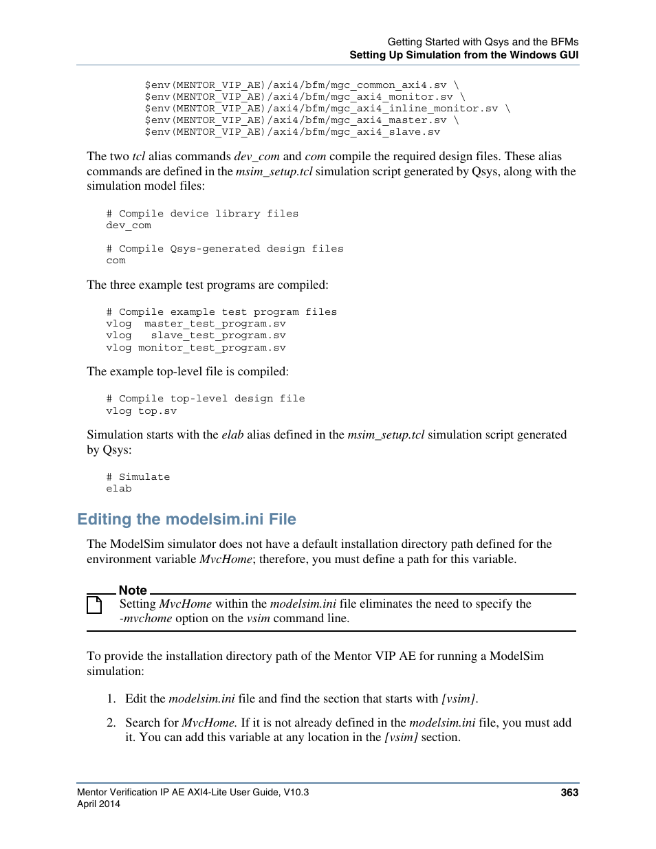 Editing the modelsim.ini file, R to, Editing the | Modelsim.ini file | Altera Mentor Verification IP Altera Edition AMBA AXI4-Lite User Manual | Page 363 / 413