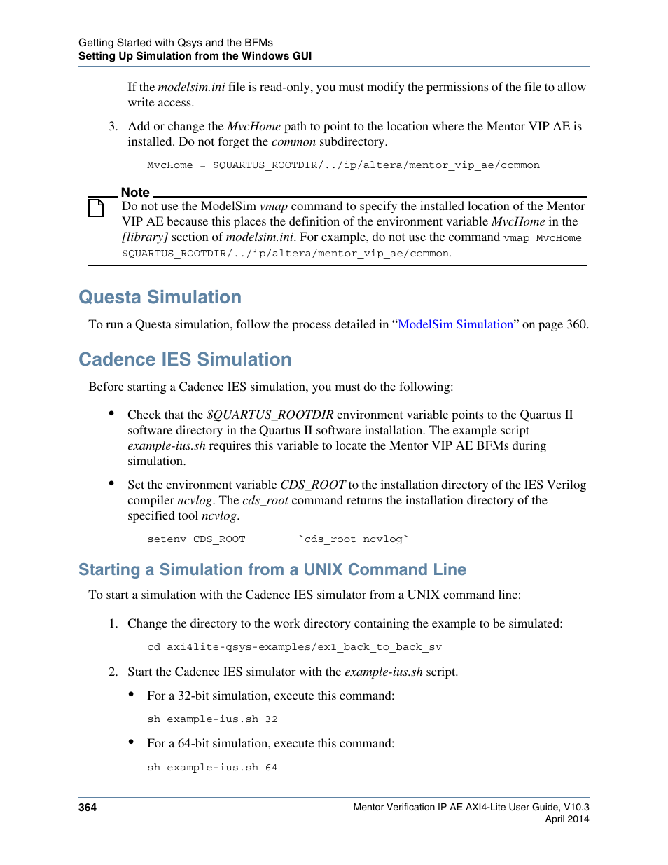 Questa simulation, Cadence ies simulation, Starting a simulation from a unix command line | Altera Mentor Verification IP Altera Edition AMBA AXI4-Lite User Manual | Page 364 / 413