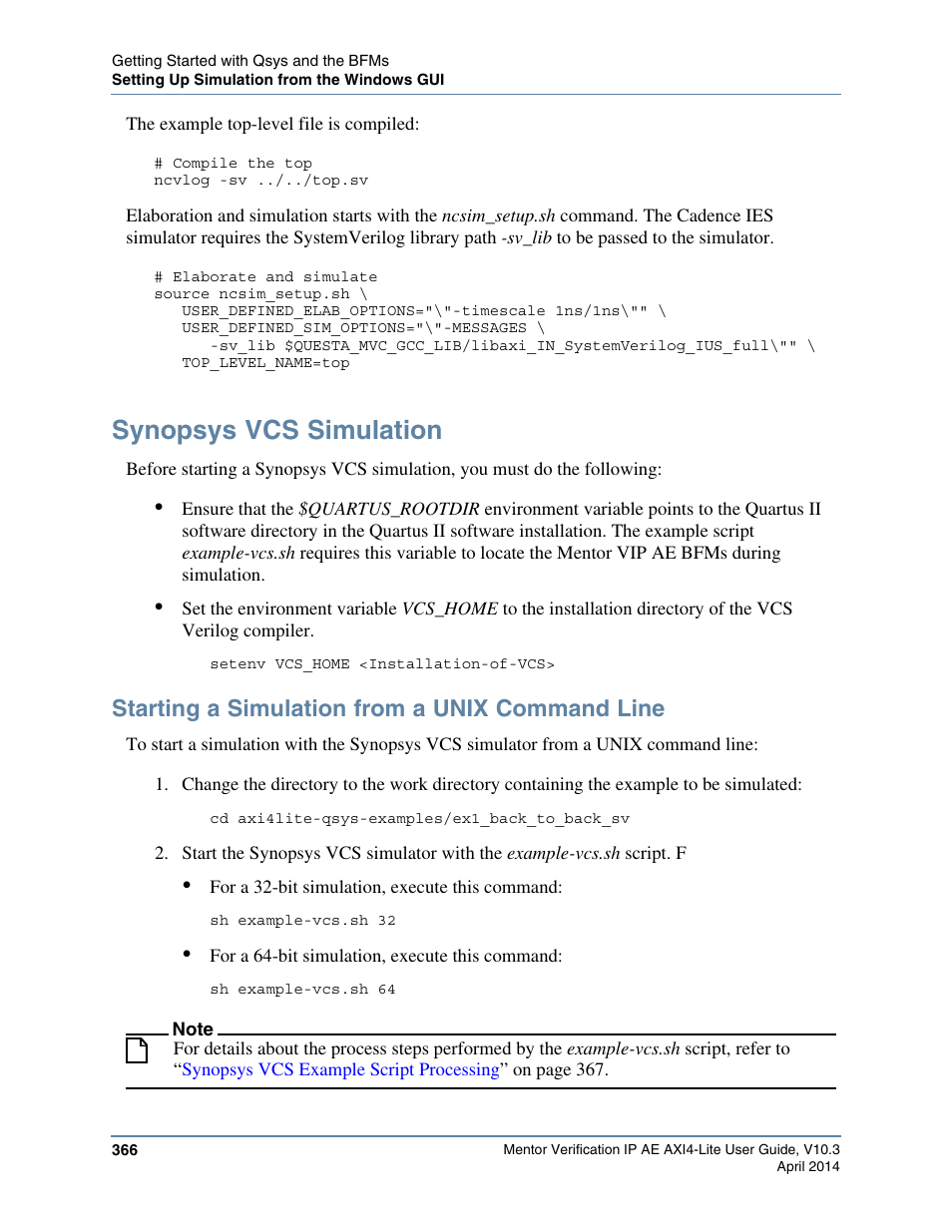 Synopsys vcs simulation, Starting a simulation from a unix command line | Altera Mentor Verification IP Altera Edition AMBA AXI4-Lite User Manual | Page 366 / 413