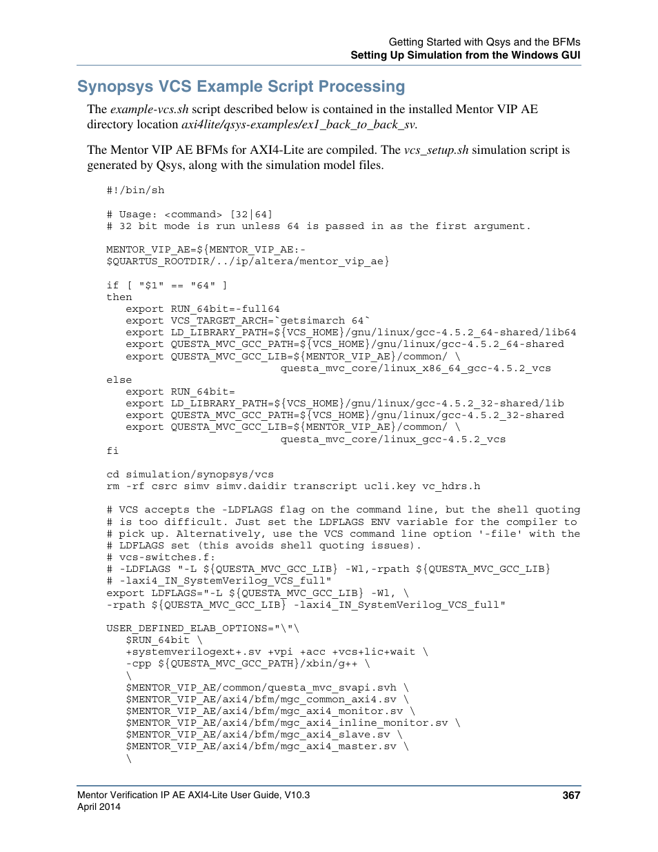 Synopsys vcs example script processing | Altera Mentor Verification IP Altera Edition AMBA AXI4-Lite User Manual | Page 367 / 413