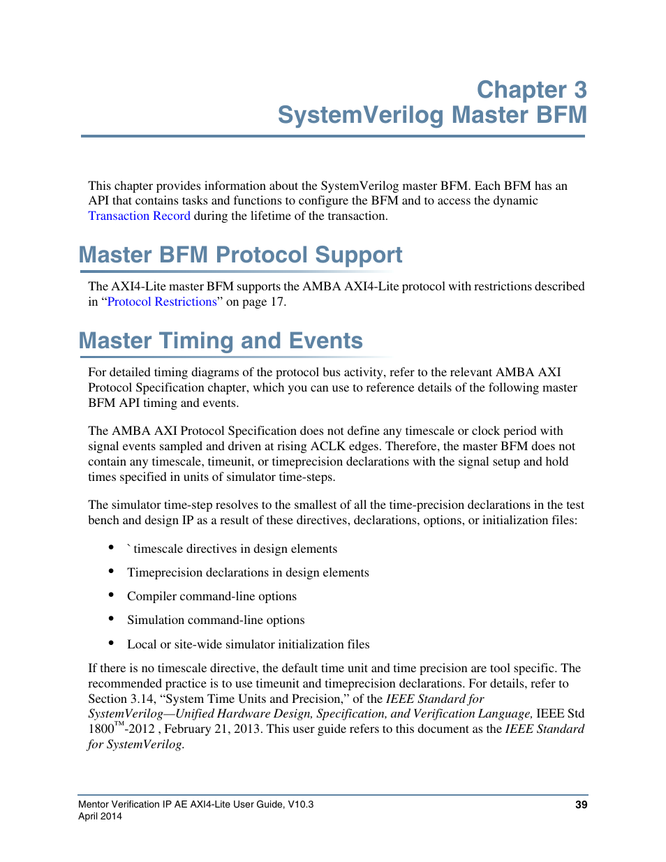 Chapter 3 systemverilog master bfm, Master bfm protocol support, Master timing and events | Altera Mentor Verification IP Altera Edition AMBA AXI4-Lite User Manual | Page 39 / 413