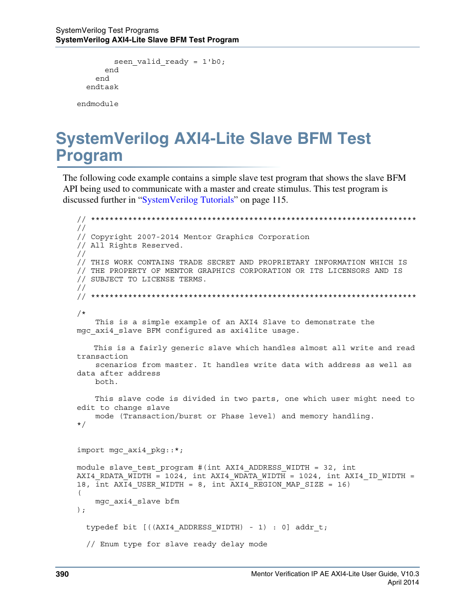 Systemverilog axi4-lite slave bfm test program, Ram, refer to, Systemverilog axi4-lite slave | Bfm test program, Task. refer to | Altera Mentor Verification IP Altera Edition AMBA AXI4-Lite User Manual | Page 390 / 413