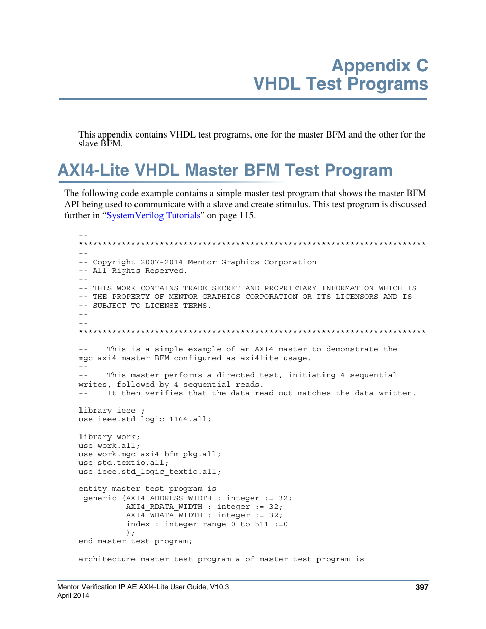 Appendix c vhdl test programs, Axi4-lite vhdl master bfm test program, Master test program, refer to | See the, Procedure. refer to | Altera Mentor Verification IP Altera Edition AMBA AXI4-Lite User Manual | Page 397 / 413