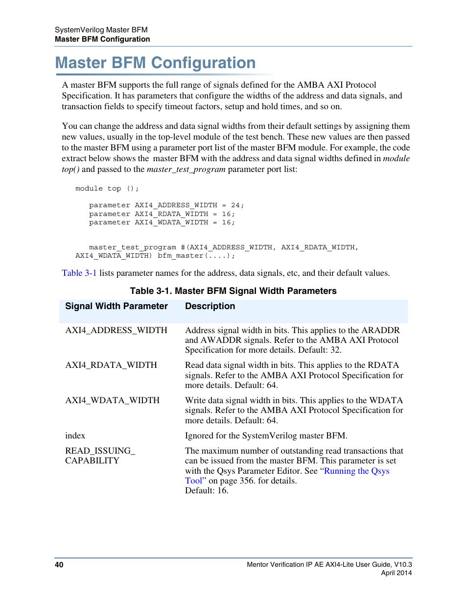 Master bfm configuration, Table 3-1. master bfm signal width parameters | Altera Mentor Verification IP Altera Edition AMBA AXI4-Lite User Manual | Page 40 / 413