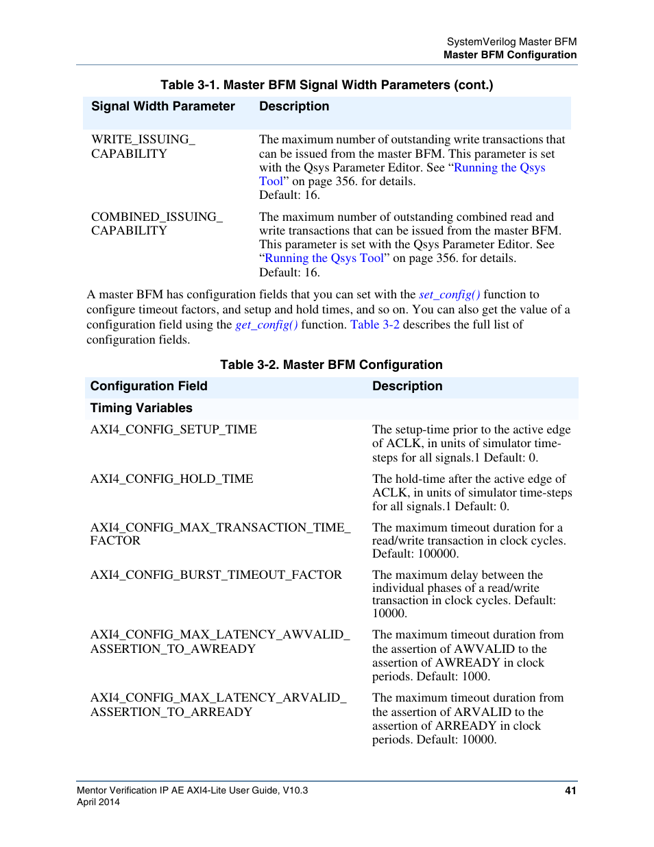 Table 3-2. master bfm configuration | Altera Mentor Verification IP Altera Edition AMBA AXI4-Lite User Manual | Page 41 / 413