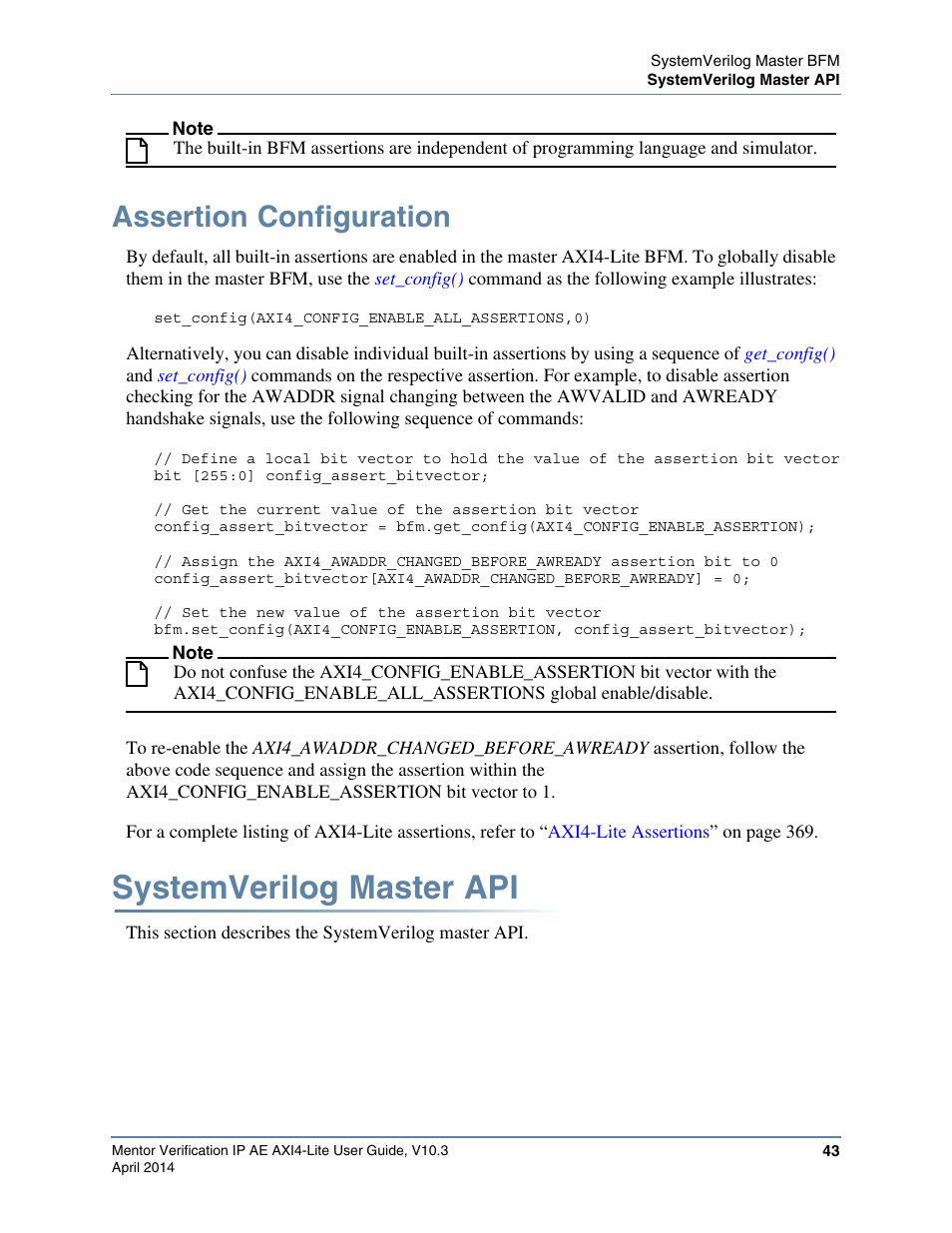 Assertion configuration, Systemverilog master api | Altera Mentor Verification IP Altera Edition AMBA AXI4-Lite User Manual | Page 43 / 413