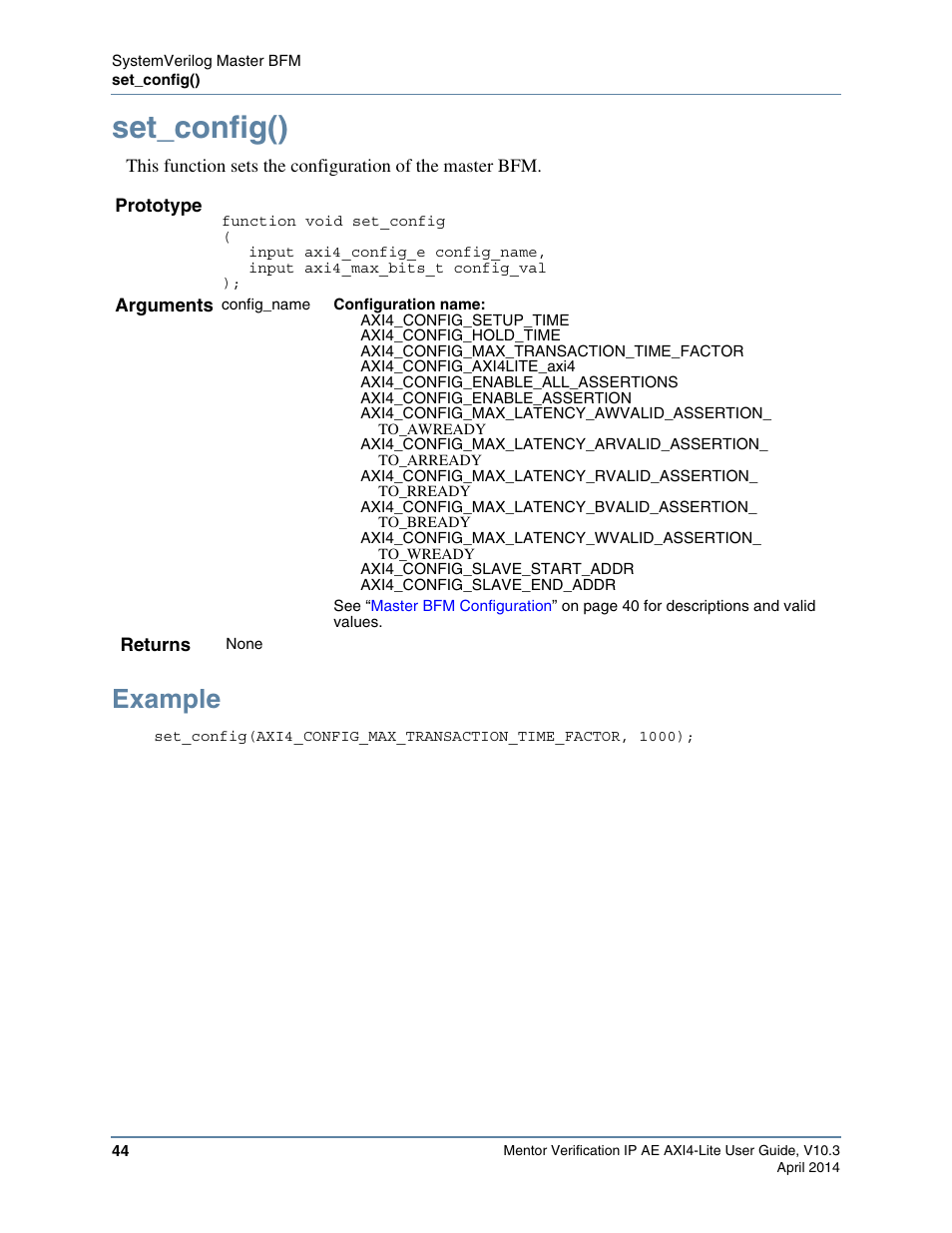 Set_config(), Example, Can set with the | Function to, Command as the following | Altera Mentor Verification IP Altera Edition AMBA AXI4-Lite User Manual | Page 44 / 413