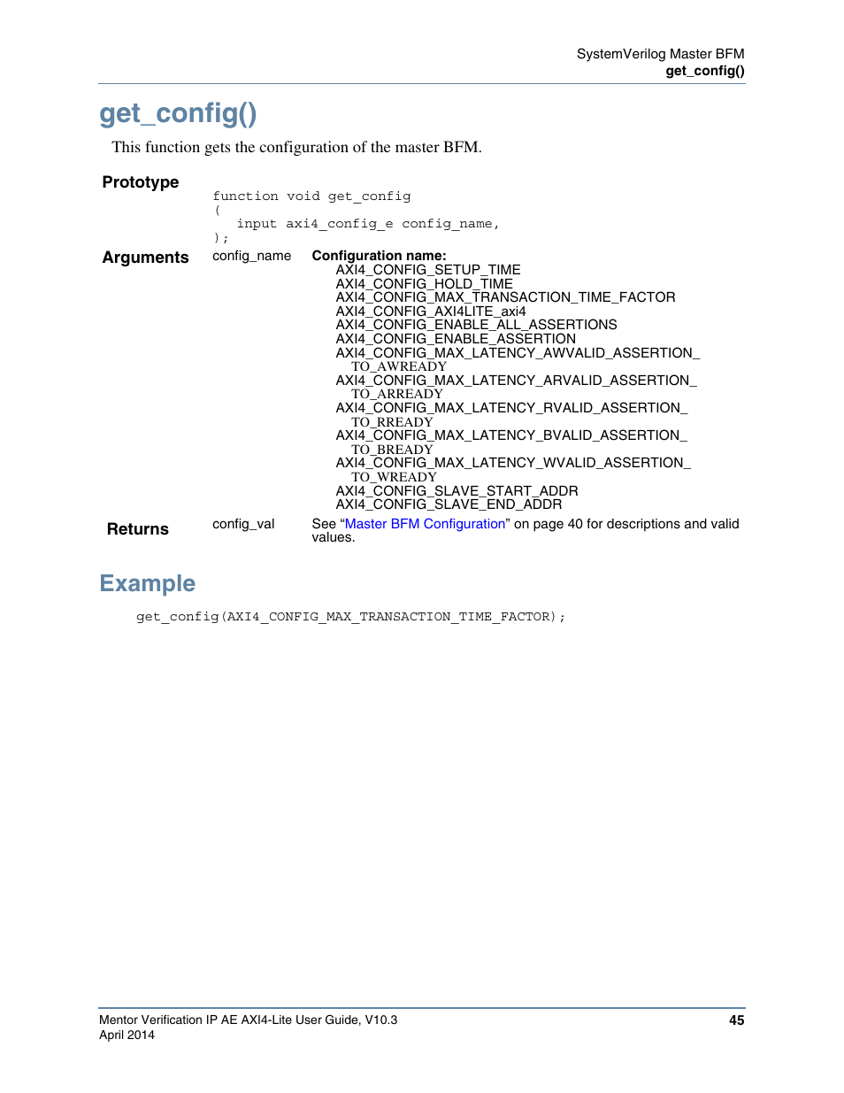 Get_config(), Example, Configuration field using the | Function | Altera Mentor Verification IP Altera Edition AMBA AXI4-Lite User Manual | Page 45 / 413